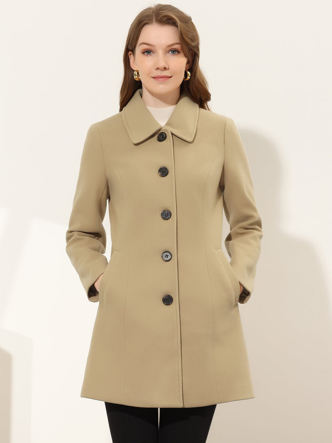 Women's Pea Coat Solid Single-Breasted Long Sleeve Regular Fit Mid Length