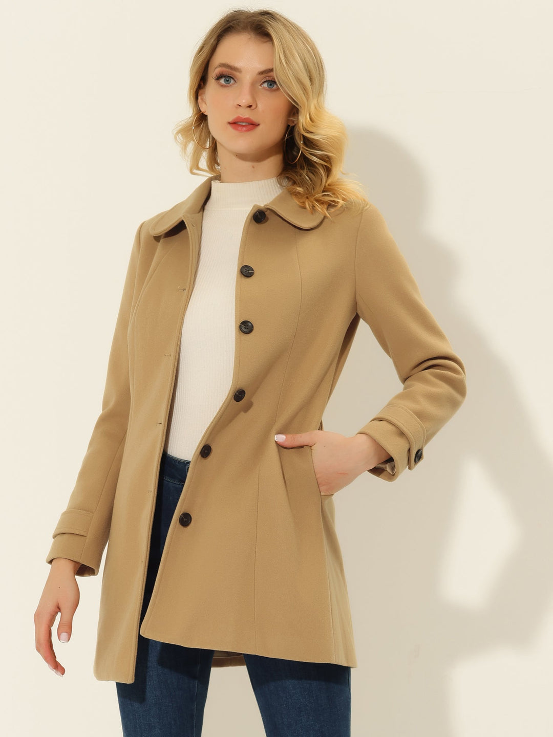 Women's Pea Coat Peter Pan Collar Single Breasted Long Sleeve