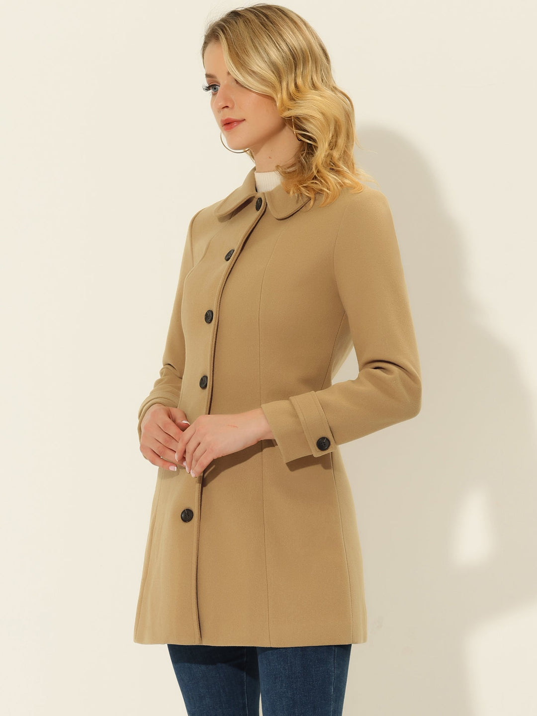 Women's Pea Coat Peter Pan Collar Single Breasted Long Sleeve