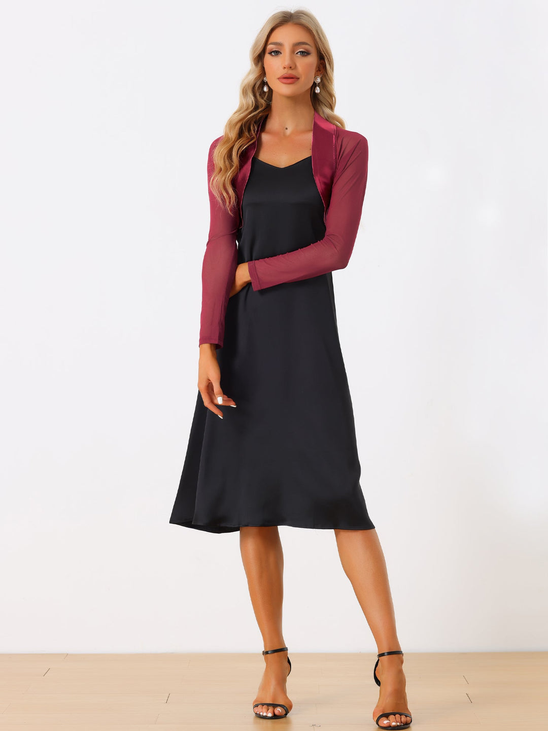 Women's Shrug Satin Mesh Sheer Open Front Cropped Long Sleeve