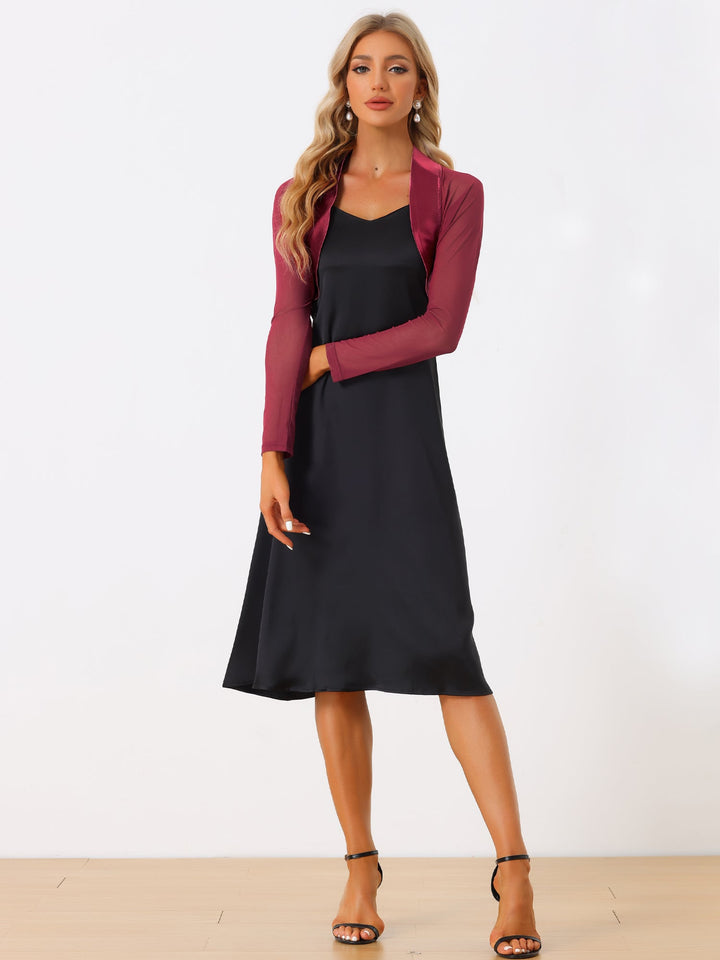 Women's Shrug Satin Mesh Sheer Open Front Cropped Long Sleeve