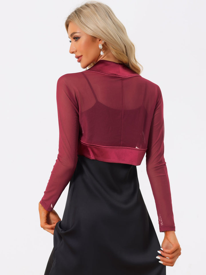 Women's Shrug Satin Mesh Sheer Open Front Cropped Long Sleeve