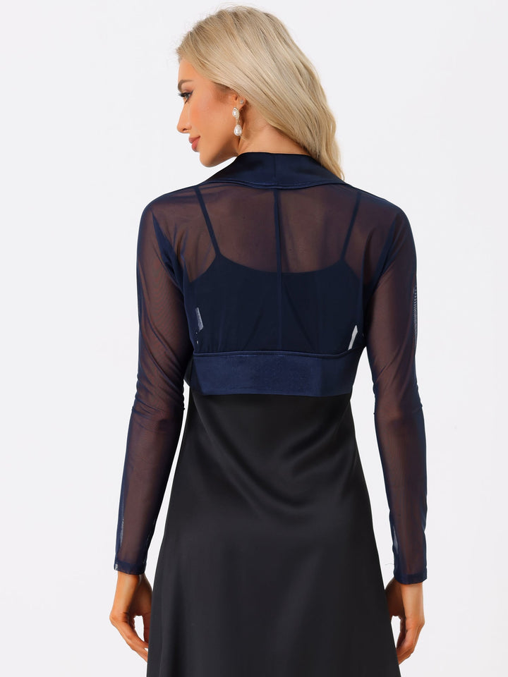 Women's Shrug Satin Mesh Sheer Open Front Cropped Long Sleeve