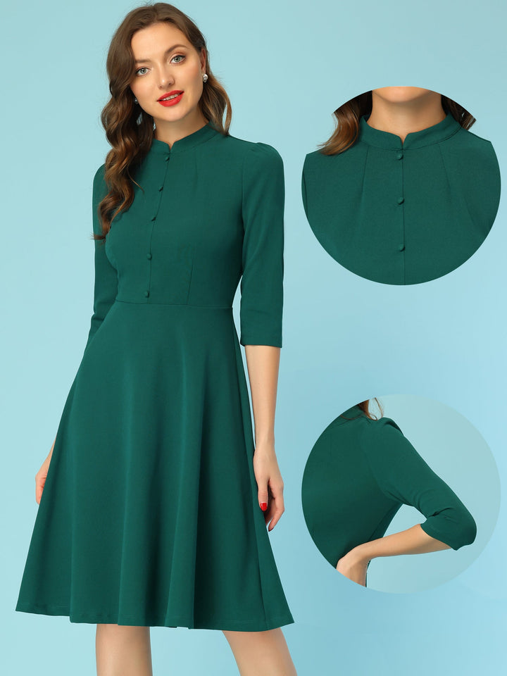 Women's A-Line Dress Retro Stand Collar 3/4 Sleeve Button Detail Office Work