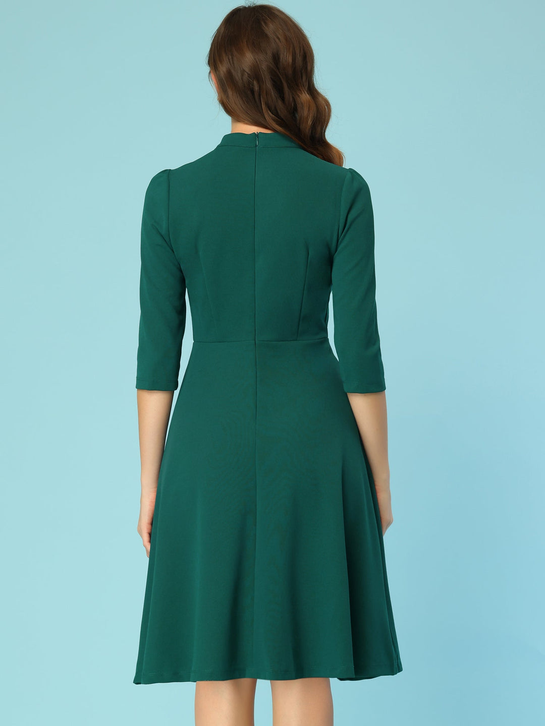 Women's A-Line Dress Stand Collar 3/4 Sleeve Button Front Zip Back – Office Work