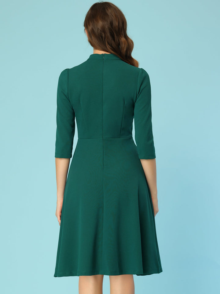 Women's A-Line Dress Stand Collar 3/4 Sleeve Button Front Zip Back – Office Work