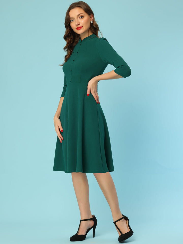 Women's A-Line Dress Stand Collar 3/4 Sleeve Button Front Zip Back – Office Work
