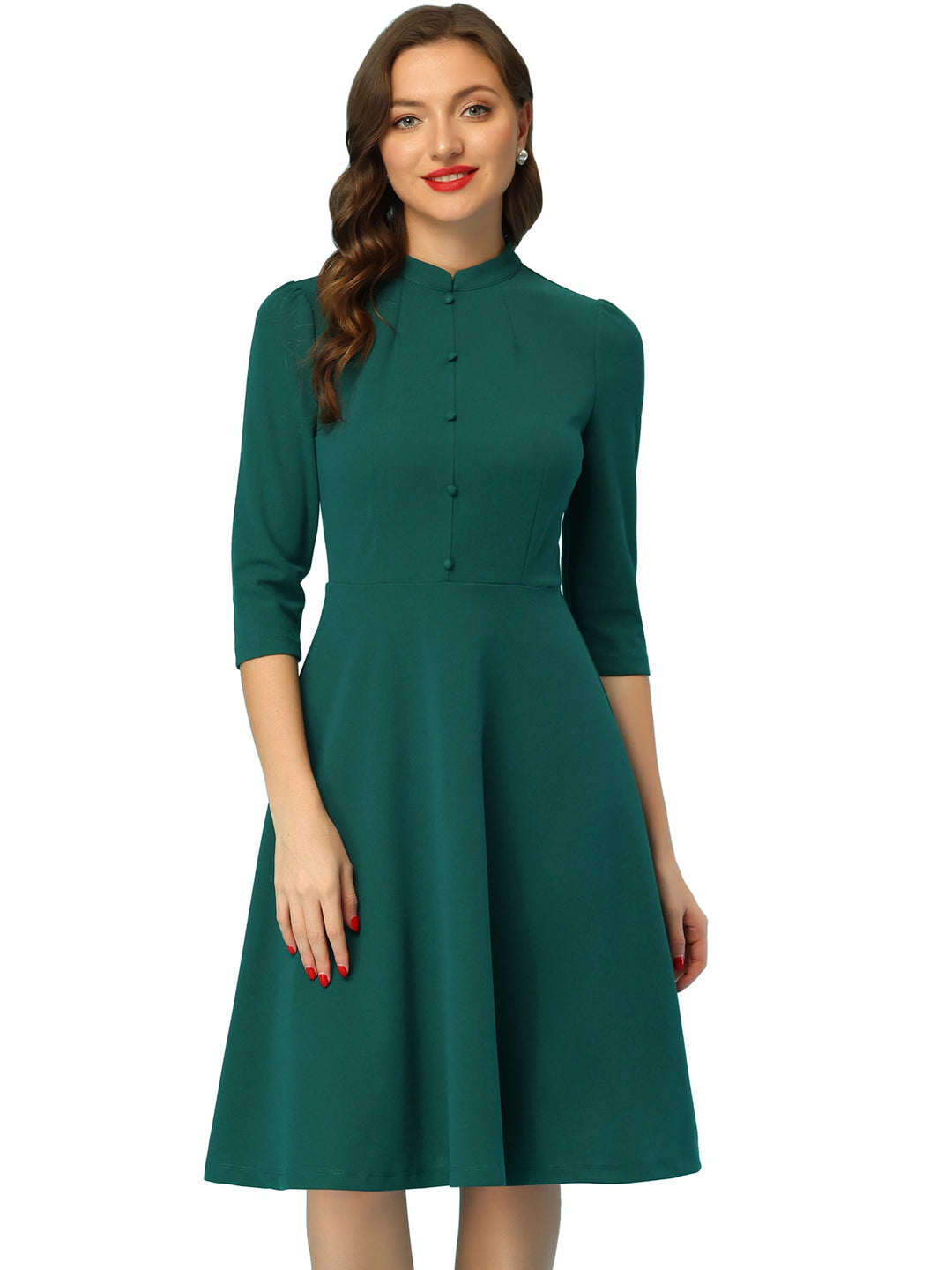 Women's A-Line Dress Retro Stand Collar 3/4 Sleeve Button Detail Office Work