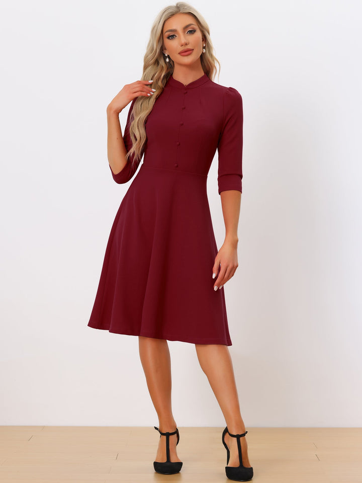 Women's A-Line Dress Retro Stand Collar 3/4 Sleeve Button Detail Office Work