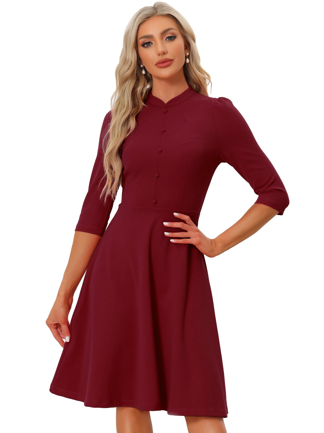 Women's A-Line Dress Retro Stand Collar 3/4 Sleeve Button Detail Office Work