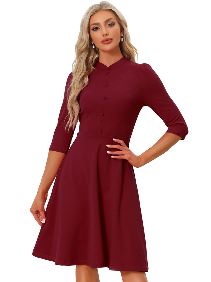 Women's A-Line Dress Retro Stand Collar 3/4 Sleeve Button Detail Office Work