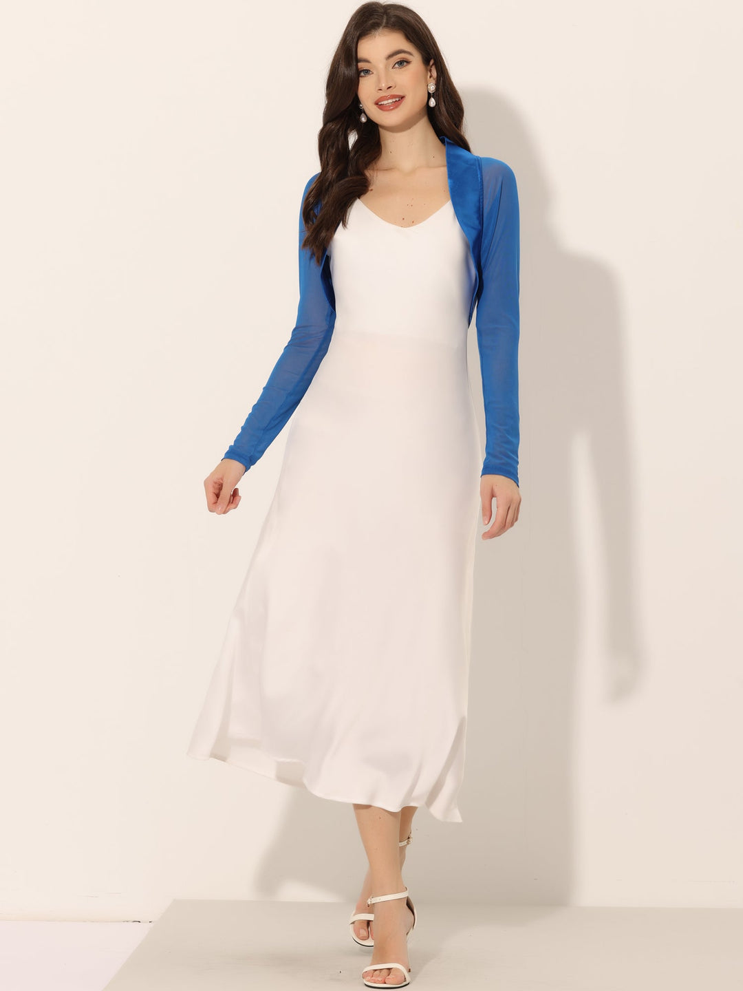Women's Shrug Satin Mesh Sheer Open Front Cropped Long Sleeve