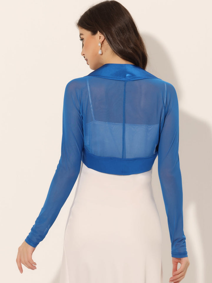 Women's Shrug Satin Mesh Sheer Open Front Cropped Long Sleeve
