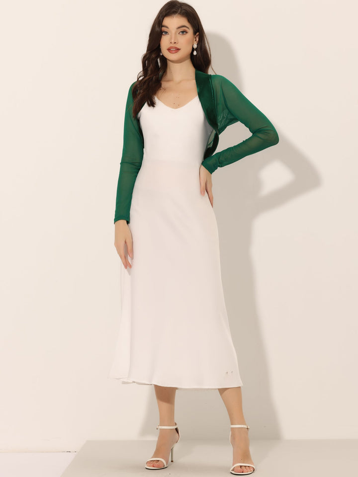 Women's Shrug Satin Mesh Sheer Open Front Cropped Long Sleeve