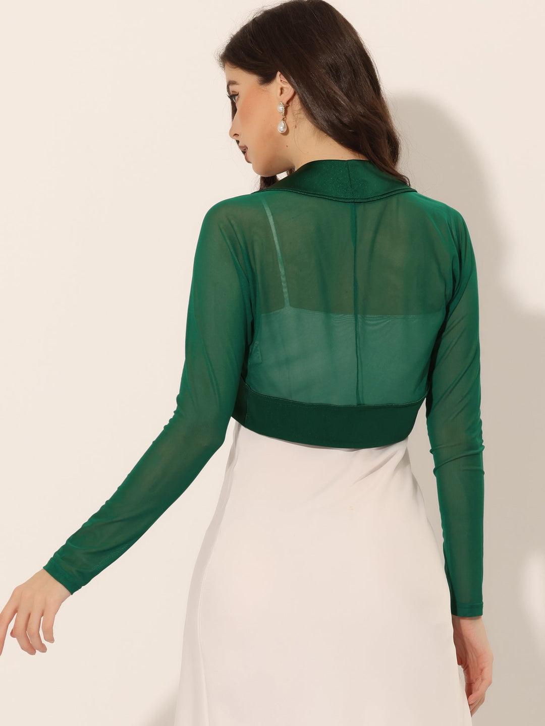 Women's Shrug Satin Mesh Sheer Open Front Cropped Long Sleeve