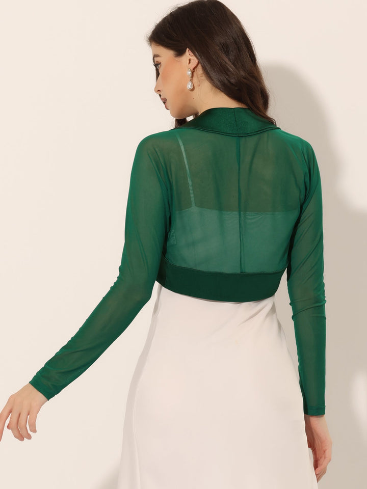 Women's Shrug Satin Mesh Sheer Open Front Cropped Long Sleeve