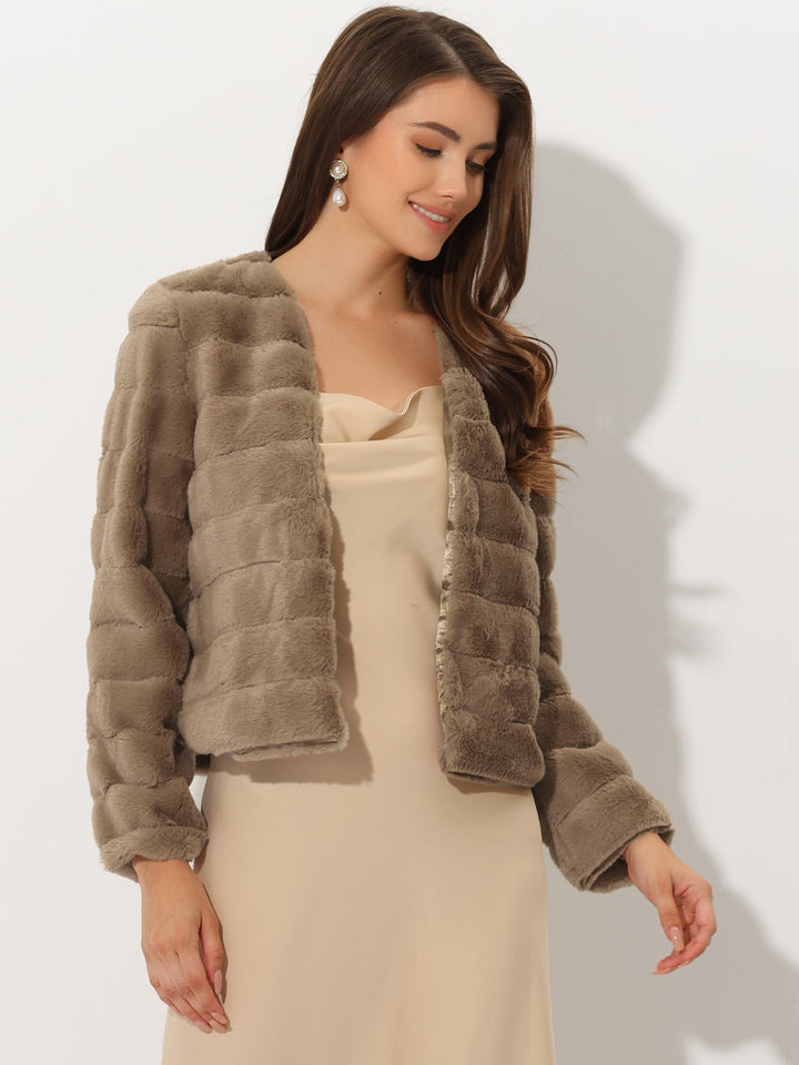 Women's Jacket Faux Fur Cropped Collarless Long Sleeve Regular Fit