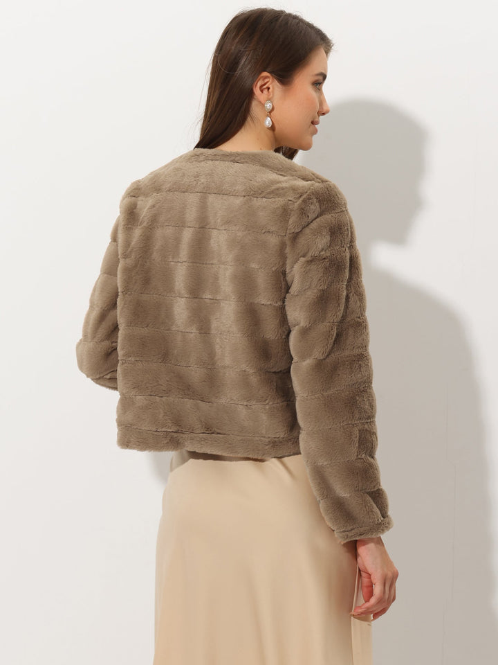 Women's Jacket Faux Fur Cropped Collarless Long Sleeve Regular Fit