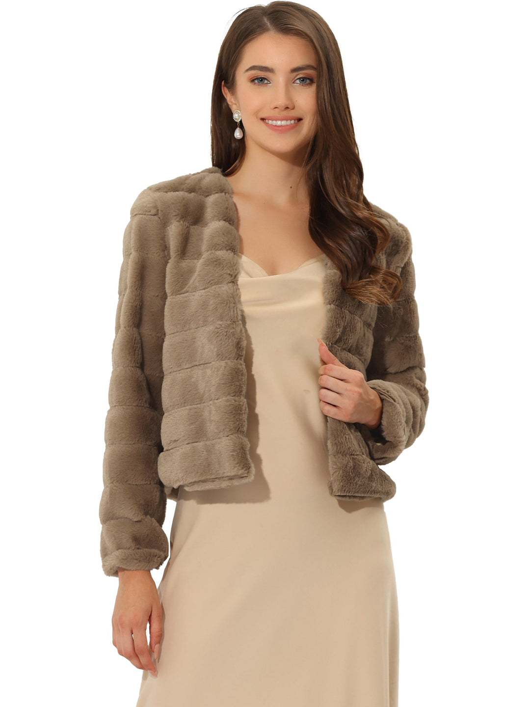 Women's Jacket Faux Fur Cropped Collarless Long Sleeve Regular Fit