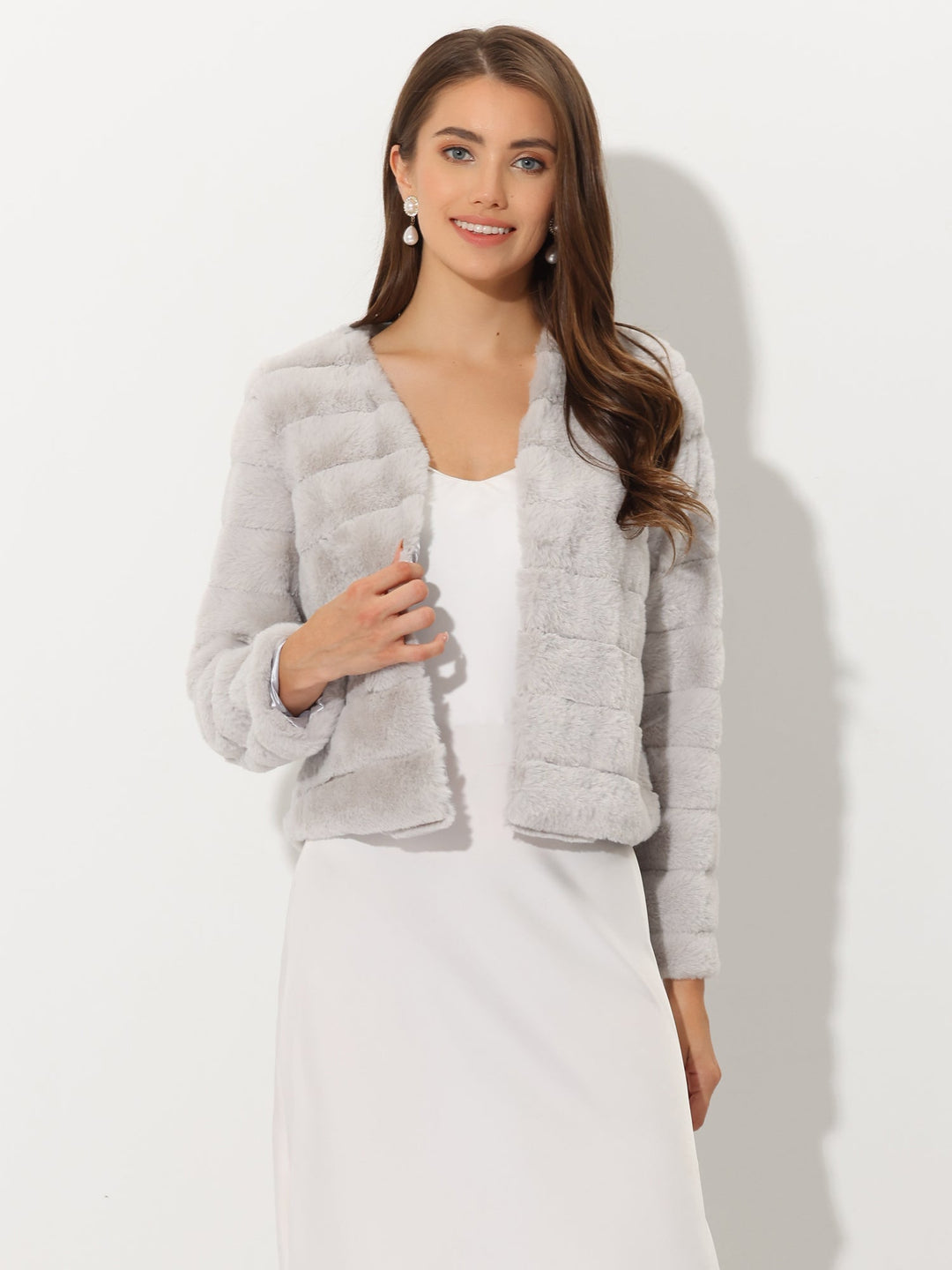 Women's Jacket Faux Fur Cropped Collarless Long Sleeve Regular Fit