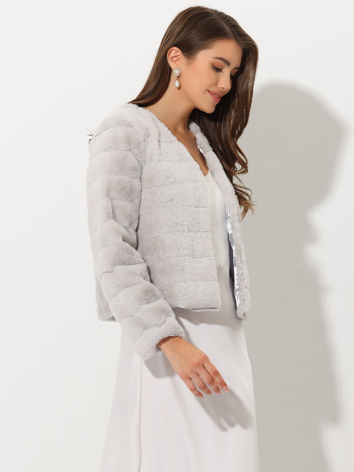 Women's Jacket Faux Fur Cropped Collarless Long Sleeve Regular Fit