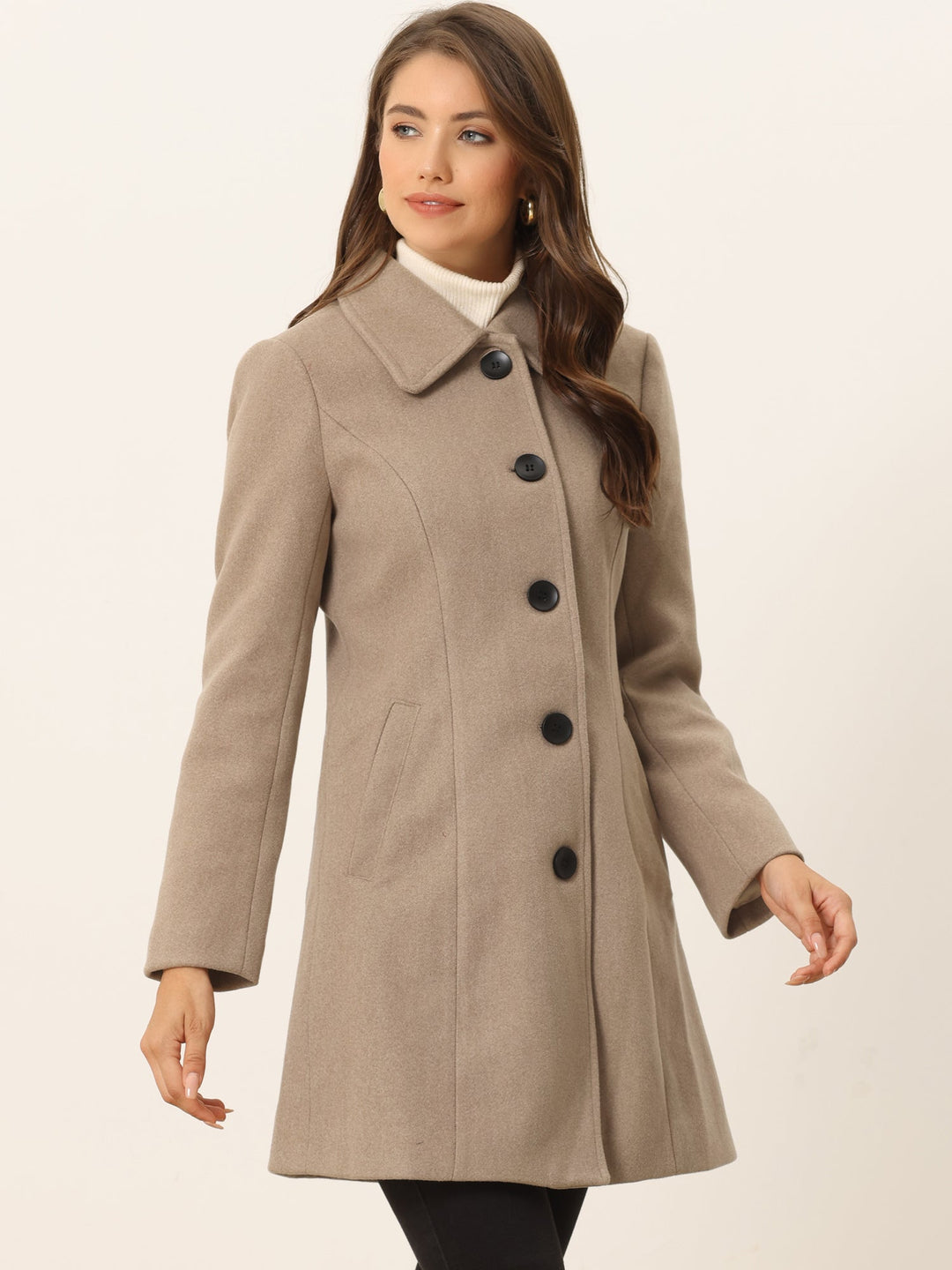 Women's Pea Coat Solid Single-Breasted Long Sleeve Regular Fit Mid Length