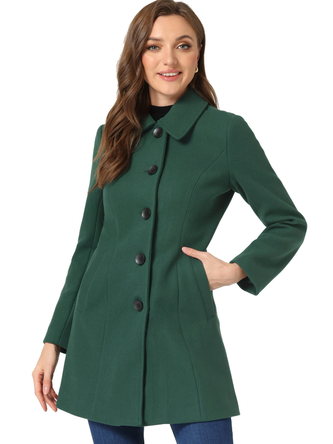 Women's Pea Coat Solid Single-Breasted Long Sleeve Regular Fit Mid Length