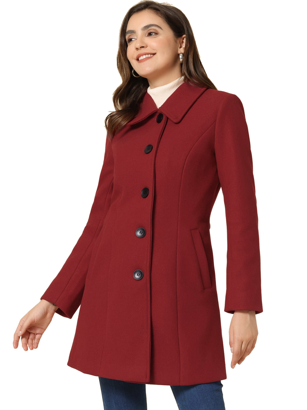 Women's Pea Coat Solid Single-Breasted Long Sleeve Regular Fit Mid Length