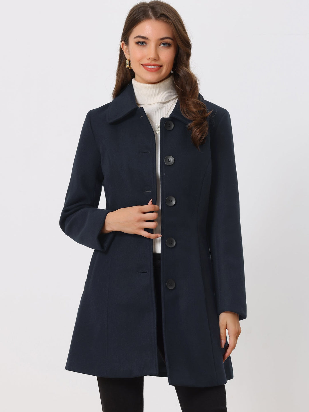 Women's Pea Coat Solid Single-Breasted Long Sleeve Regular Fit Mid Length