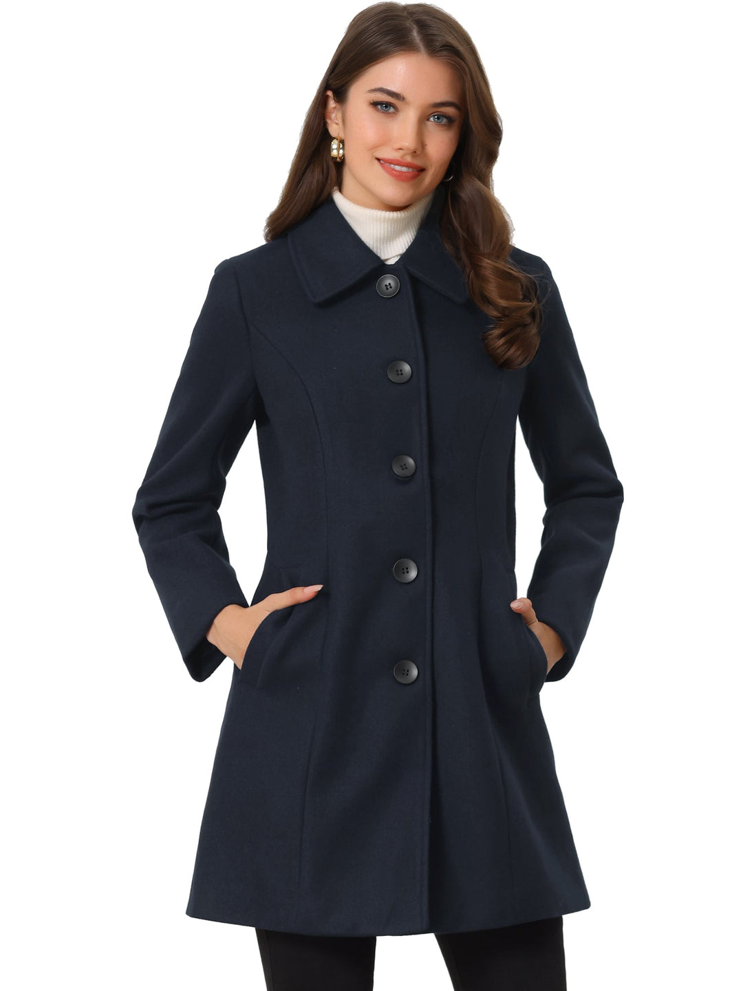 Women's Pea Coat Solid Single-Breasted Long Sleeve Regular Fit Mid Length