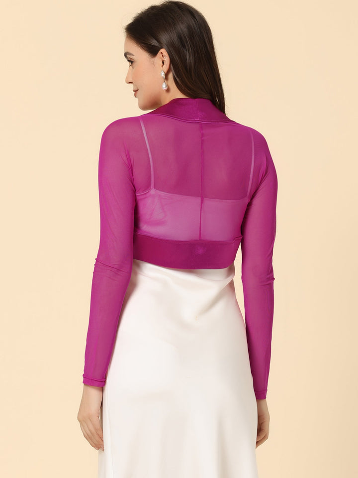 Women's Shrug Satin Mesh Sheer Open Front Cropped Long Sleeve