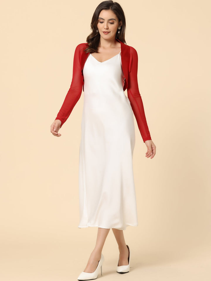 Women's Shrug Satin Mesh Sheer Open Front Cropped Long Sleeve