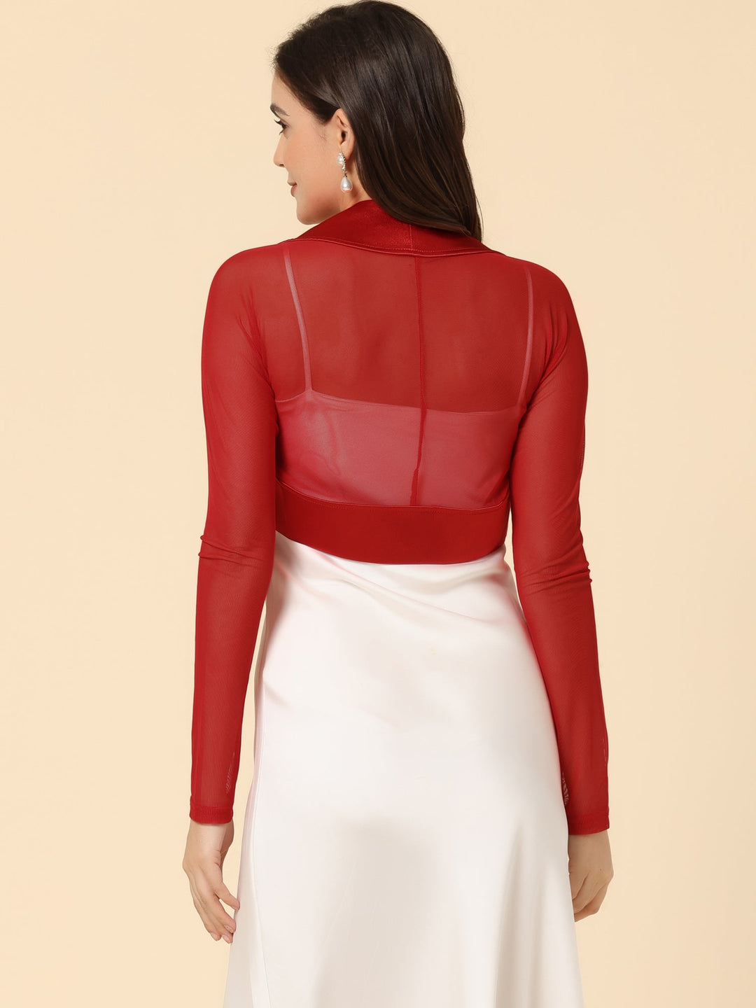 Women's Shrug Satin Mesh Sheer Open Front Cropped Long Sleeve