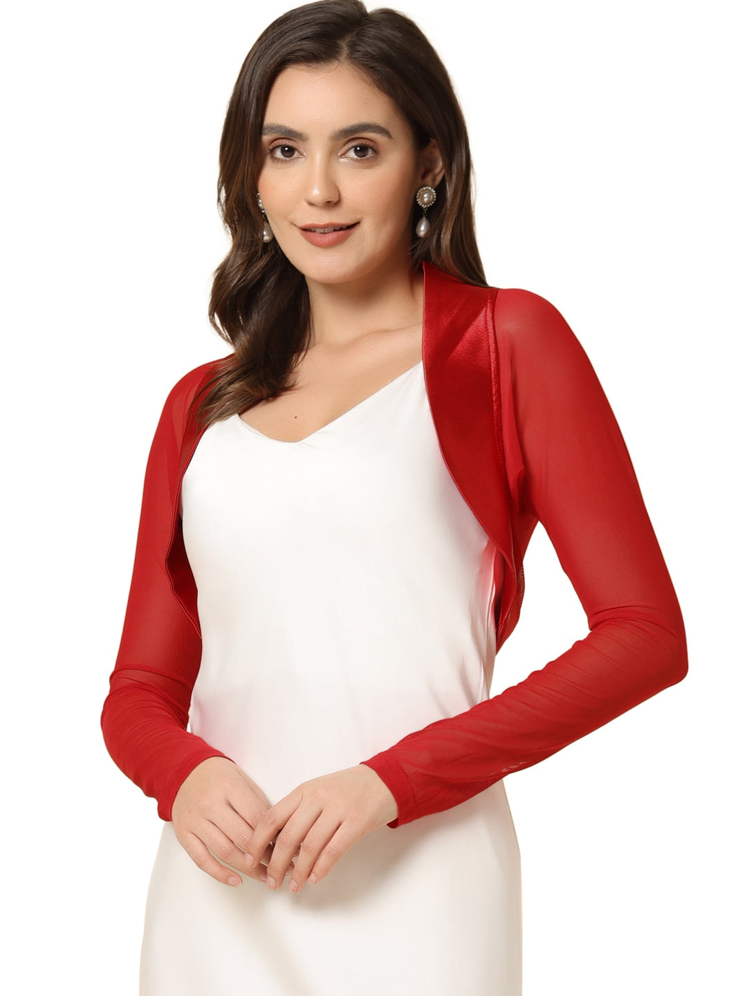 Women's Shrug Satin Mesh Sheer Open Front Cropped Long Sleeve