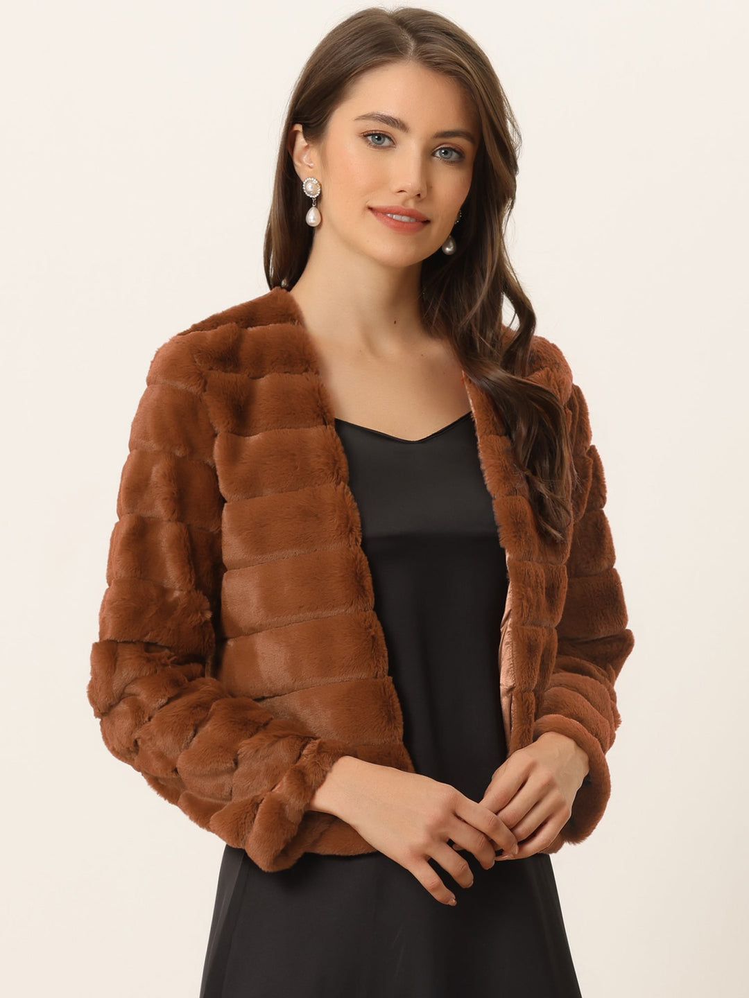 Women's Jacket Faux Fur Cropped Collarless Long Sleeve Regular Fit