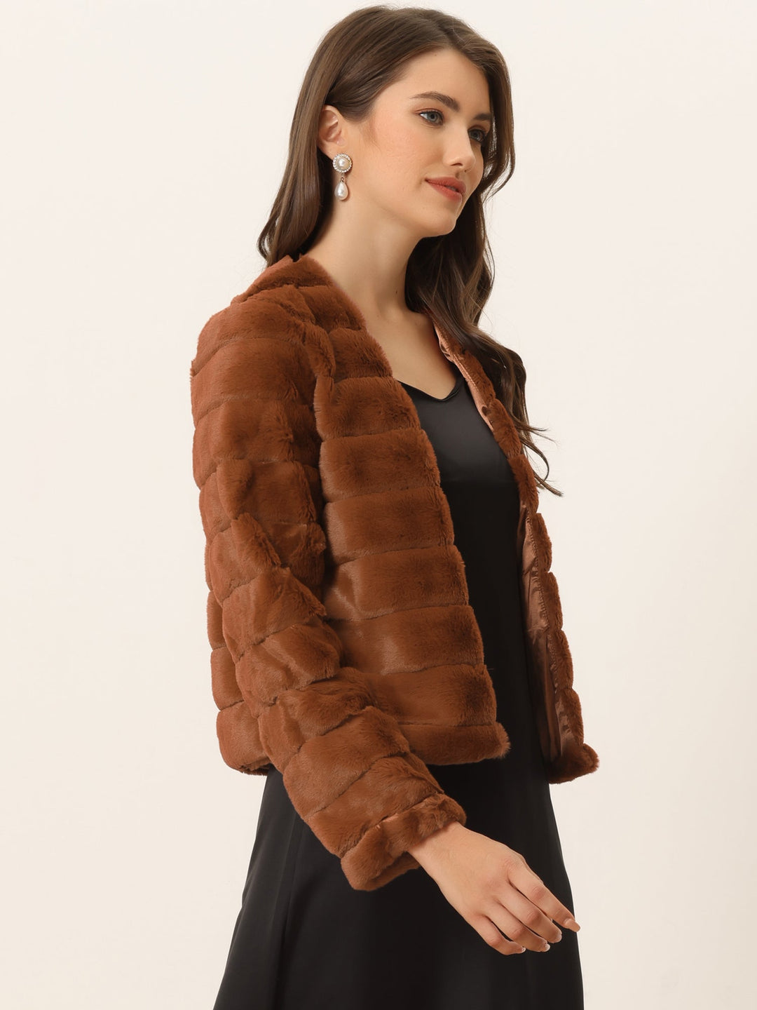 Women's Jacket Faux Fur Cropped Collarless Long Sleeve Regular Fit