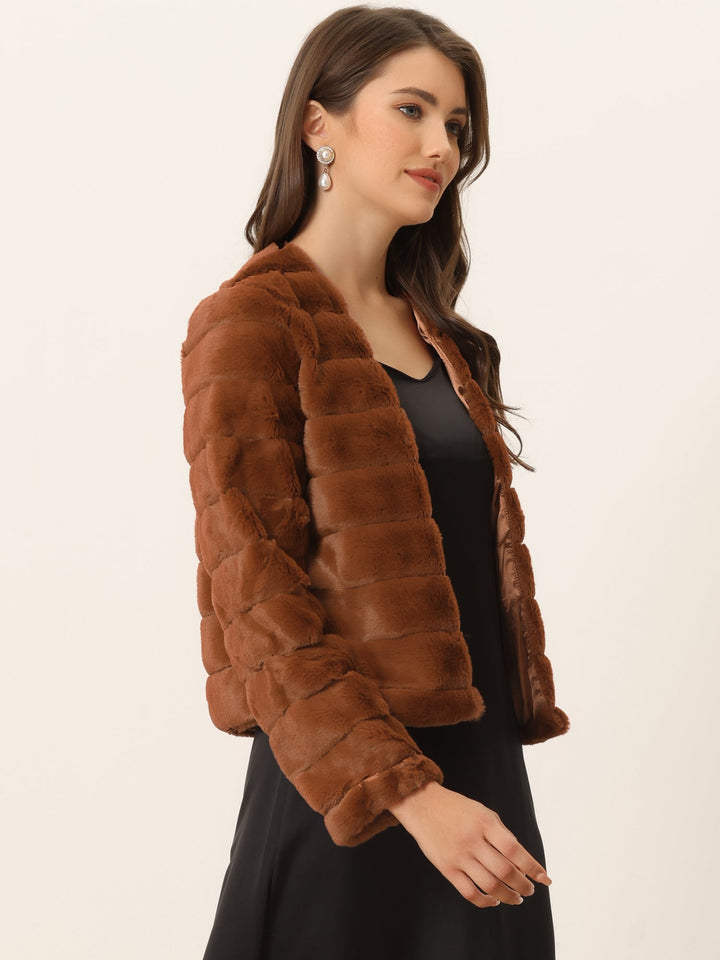 Women's Jacket Faux Fur Cropped Collarless Long Sleeve Regular Fit
