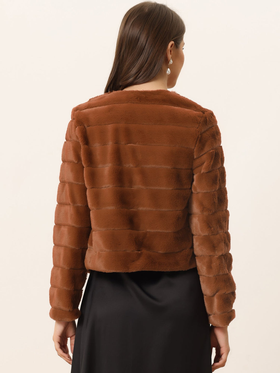 Women's Jacket Faux Fur Cropped Collarless Long Sleeve Regular Fit