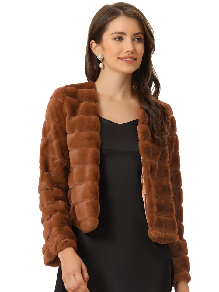 Women's Jacket Faux Fur Cropped Collarless Long Sleeve Regular Fit
