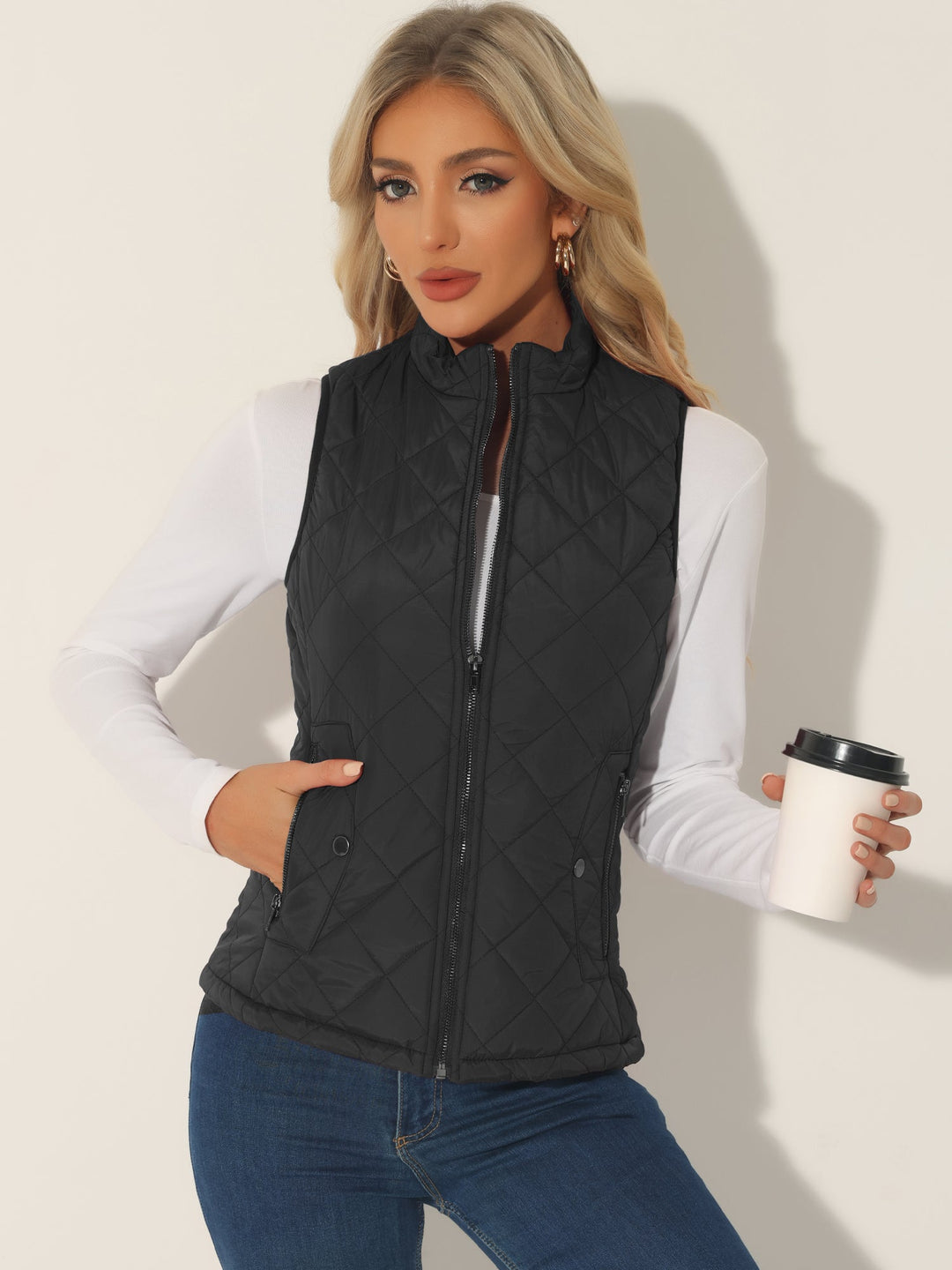Women's Vest Quilted Lightweight Stand Collar Zip-Up Sleeveless Regular Fit