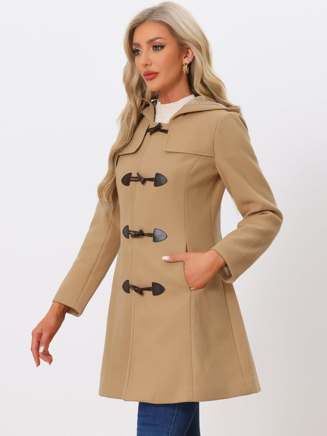 Women's Duffle Coat Hooded Toggle Button-Up Long Sleeve Winter