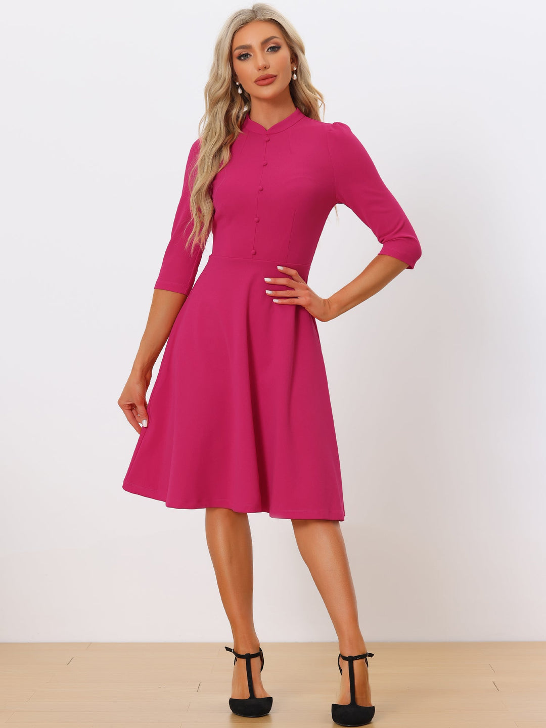 Women's A-Line Dress Retro Stand Collar 3/4 Sleeve Button Detail Office Work
