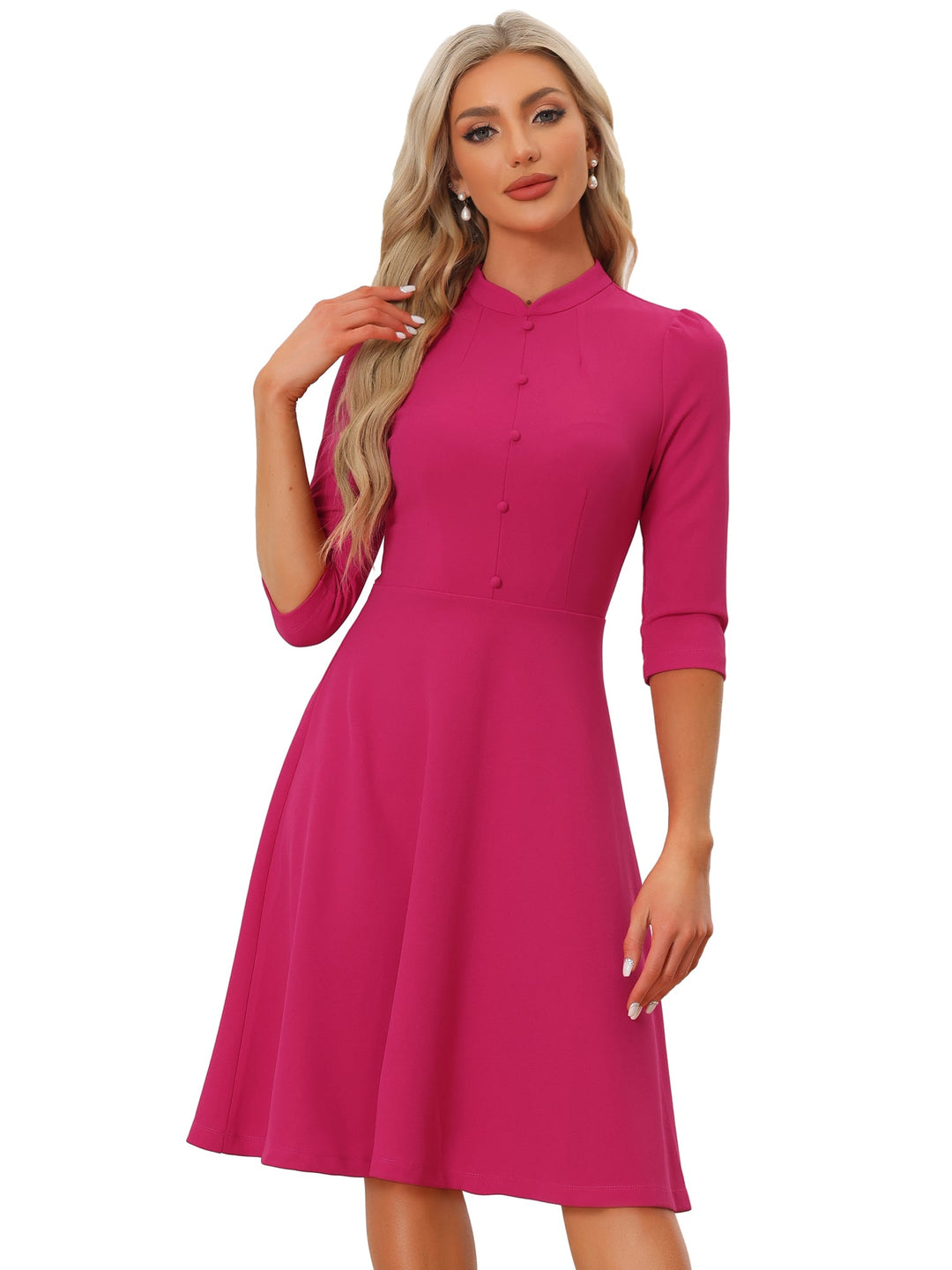 Women's A-Line Dress Retro Stand Collar 3/4 Sleeve Button Detail Office Work