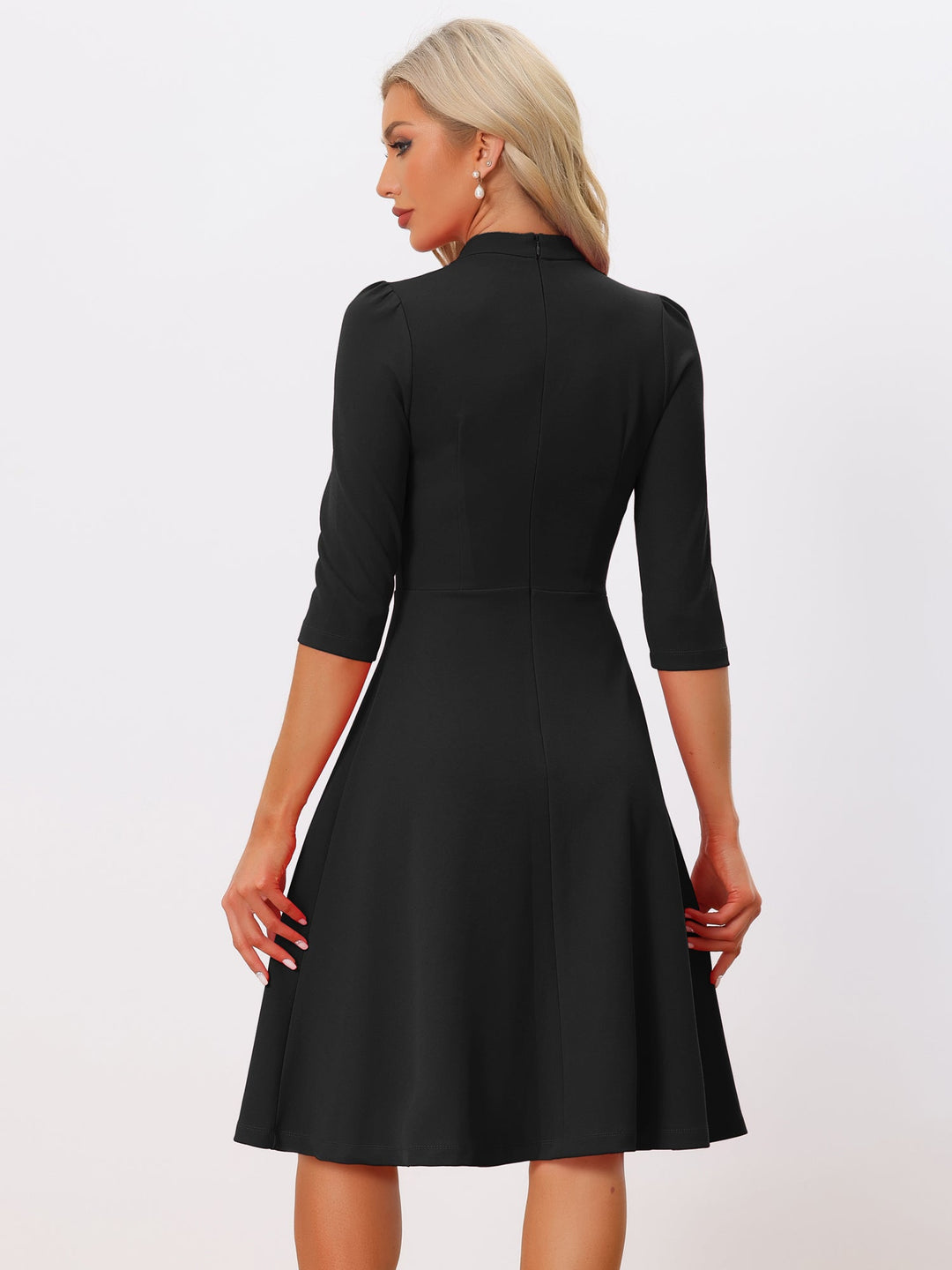 Women's A-Line Dress Stand Collar 3/4 Sleeve Button Front Zip Back – Office Work