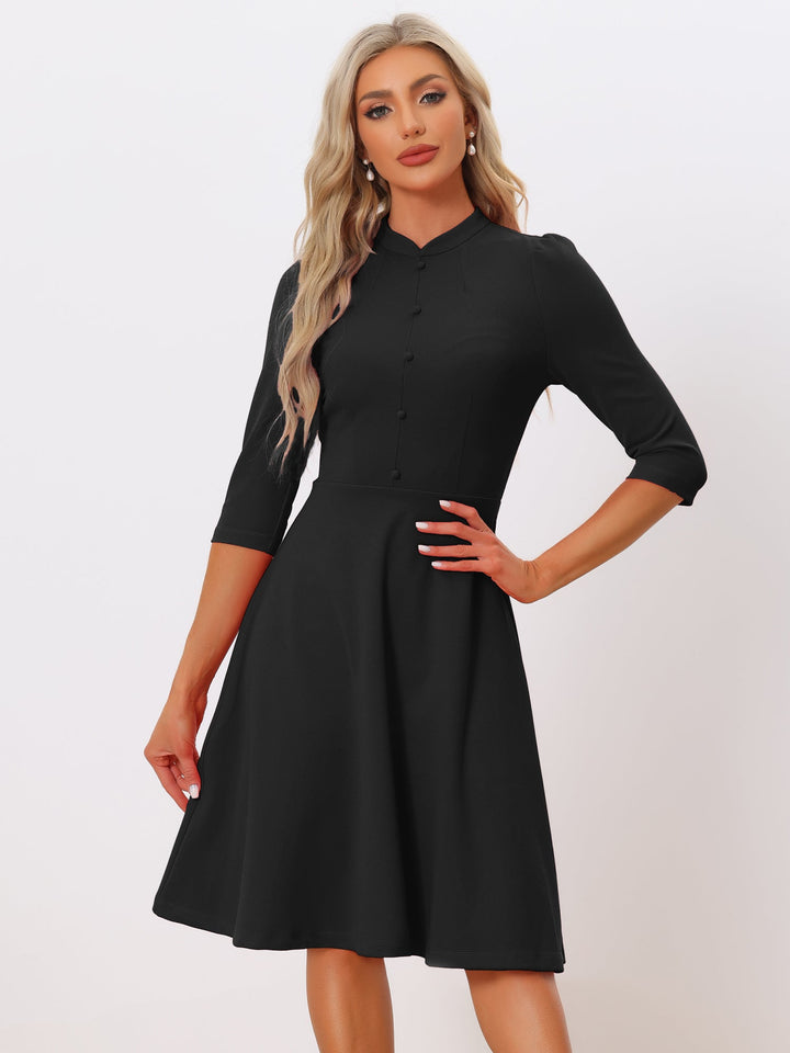 Women's A-Line Dress Stand Collar 3/4 Sleeve Button Front Zip Back – Office Work