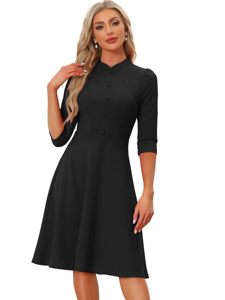 Women's A-Line Dress Stand Collar 3/4 Sleeve Button Front Zip Back – Office Work