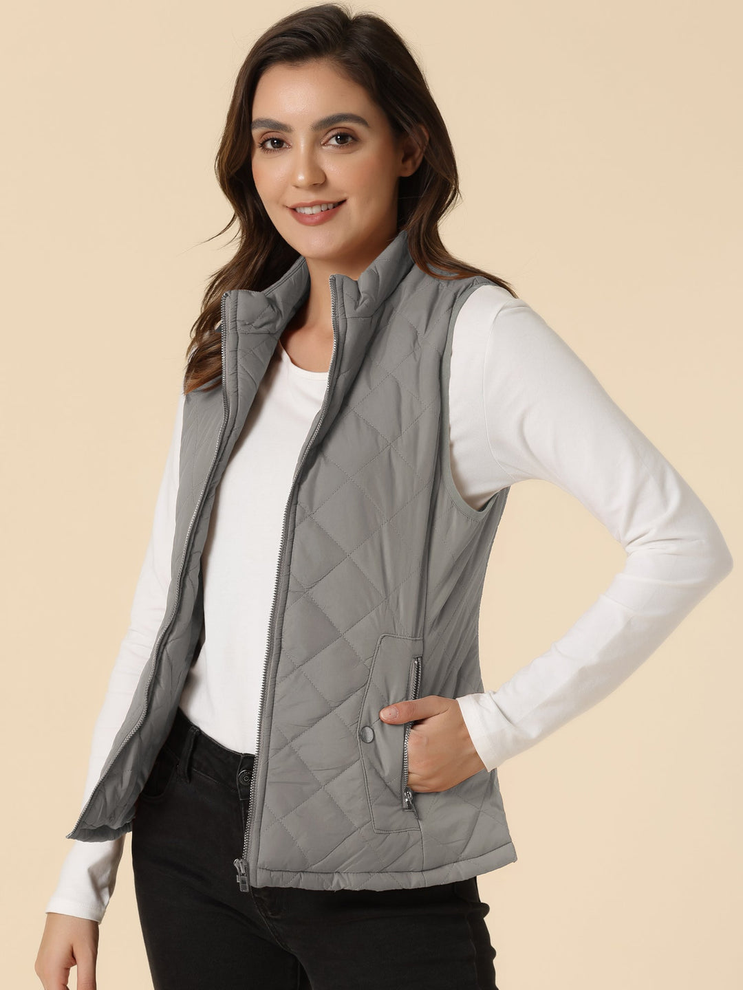 Women's Vest Quilted Lightweight Stand Collar Zip-Up Sleeveless Regular Fit