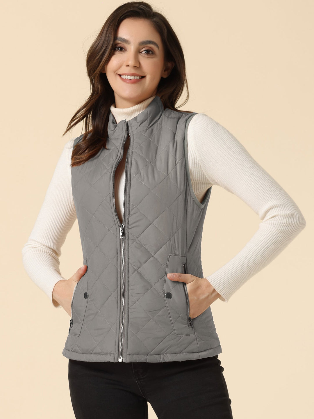 Women's Vest Quilted Lightweight Stand Collar Zip-Up Sleeveless Regular Fit