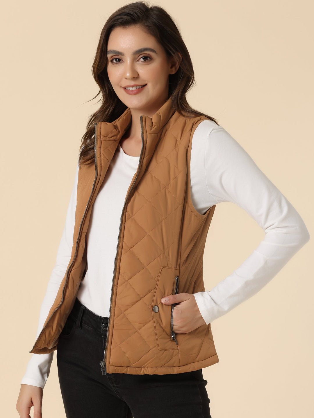 Women's Vest Quilted Lightweight Stand Collar Zip-Up Sleeveless Regular Fit