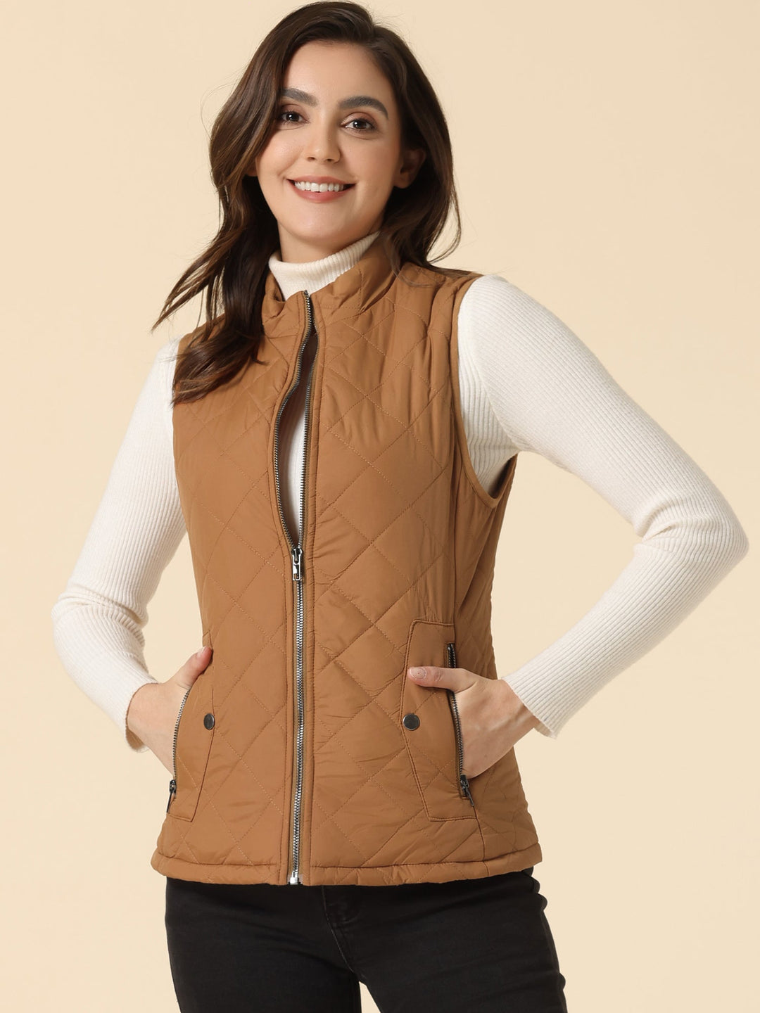 Women's Vest Quilted Lightweight Stand Collar Zip-Up Sleeveless Regular Fit